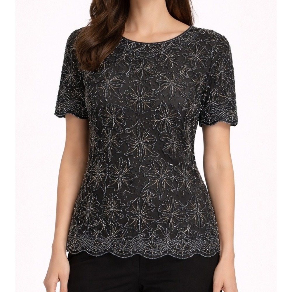 Papell Boutique Evening Silk Beaded Top Women Medium Black Formal Glam‎ Cocktail